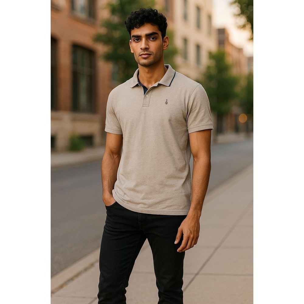 US Polo Assn Mens Luxury Feel Short Sleeve Polo Shirt Tan Heather Navy Small